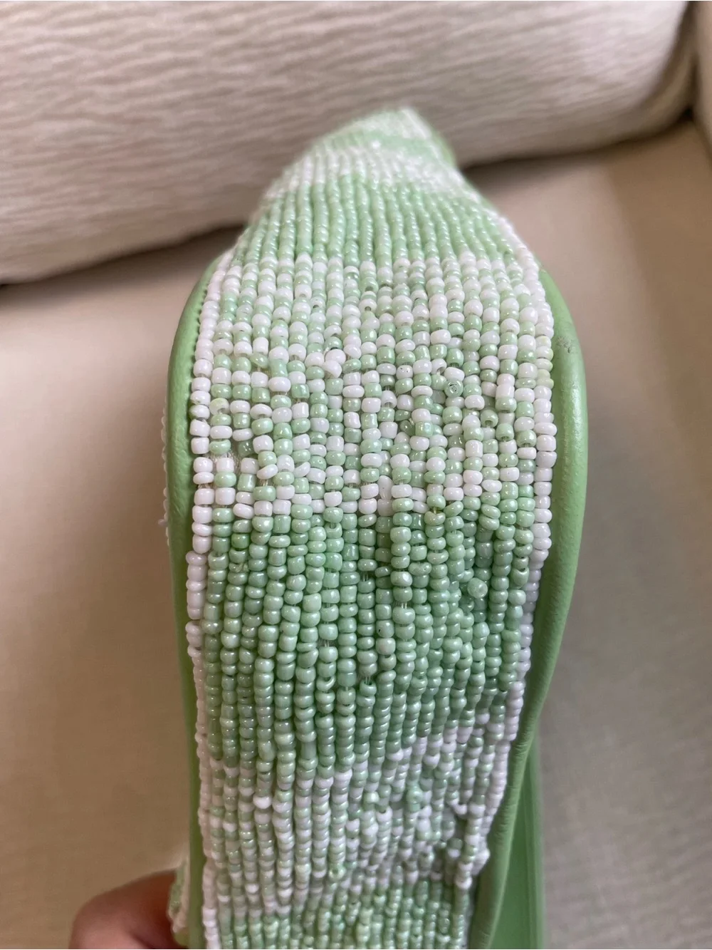 STAUD Green and White Checkered Beaded Shoulder Bag